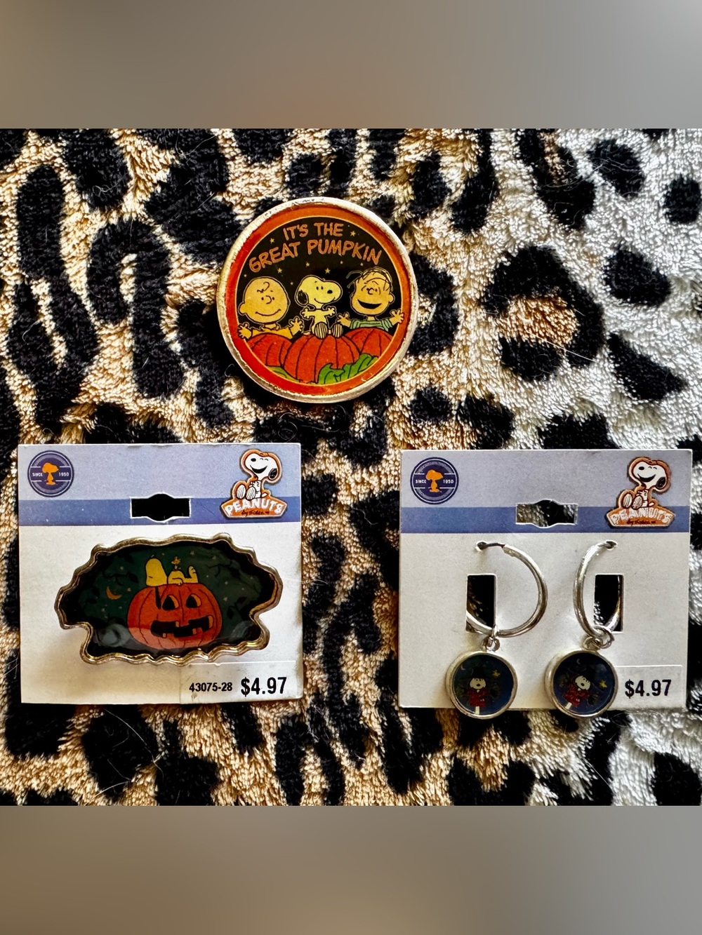 Vintage ‘New’ Peanuts Halloween Pin and Earrings.  (1 pin used)